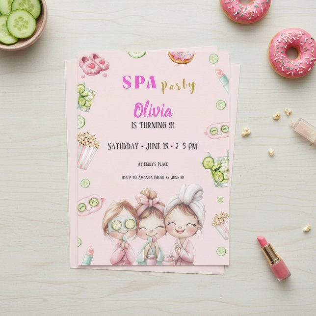 Invitation Fête de Filles Soins de Spa Anniversair (Girls spa party invitation with pink pamper theme and watercolor beauty design)