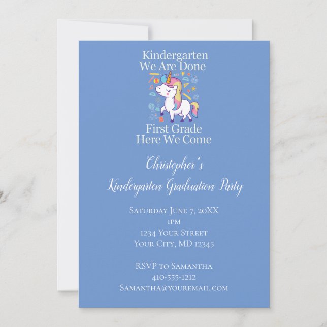 Invitation Fête de fin d'année de maternelle Licorne Bleue  (Devant)