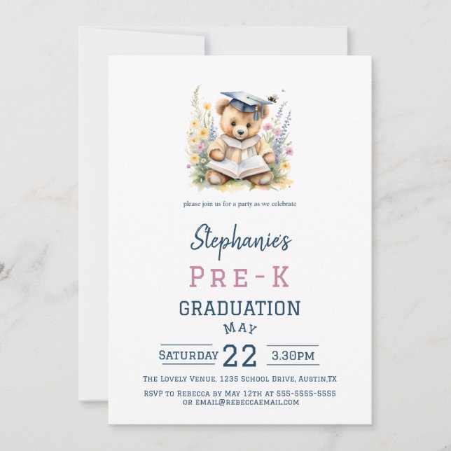 Invitation Fête de fin d'année de maternelle Ourson mignon et (Devant)