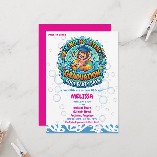 Invitation Fête de fin d'année de maternelle pour filles au b (Devant/Arrière en situation)