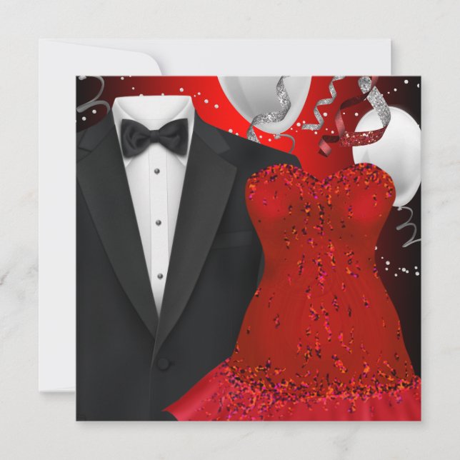 Invitation Fête de fin d'année élégante Smoking et Robe Rouge (Devant)