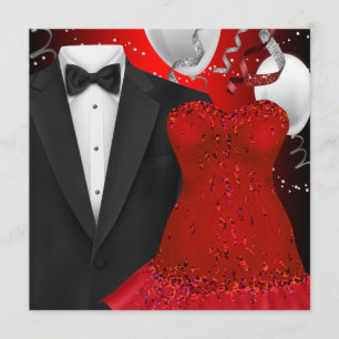 Invitation Fête de fin d'année élégante Smoking et Robe Rouge