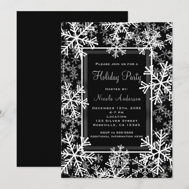 Invitation Fête de fin d'année Flocons de neige noir et blanc (Devant / Derrière)