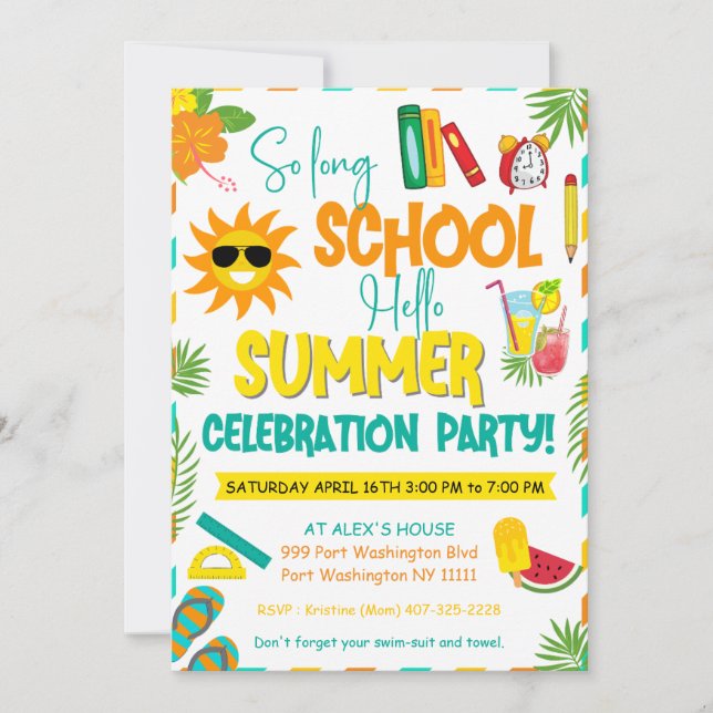 Invitation Fête de fin d'année scolaire Adieu l'école, bonjou (Devant)