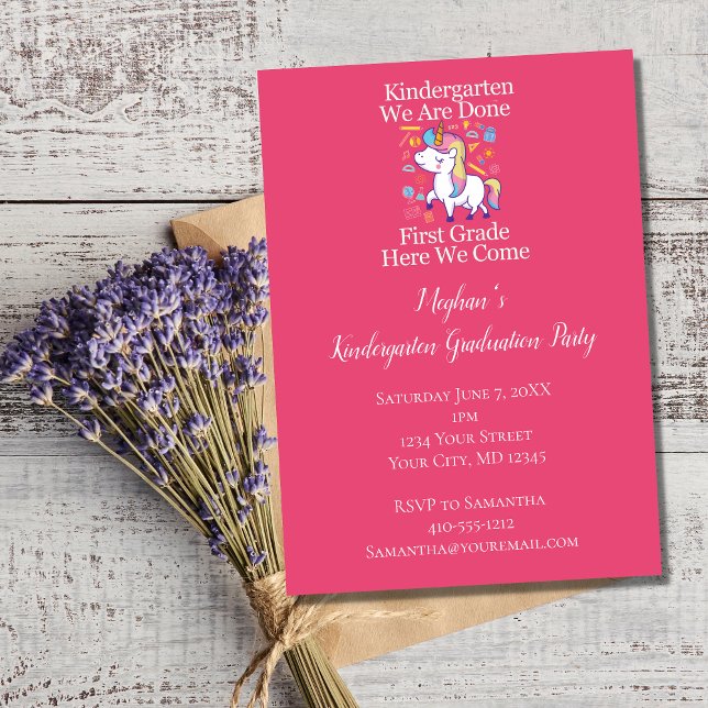 Invitation Fête de fin de maternelle Licorne rose  (Kindergarten Graduation party invitation for little girl)
