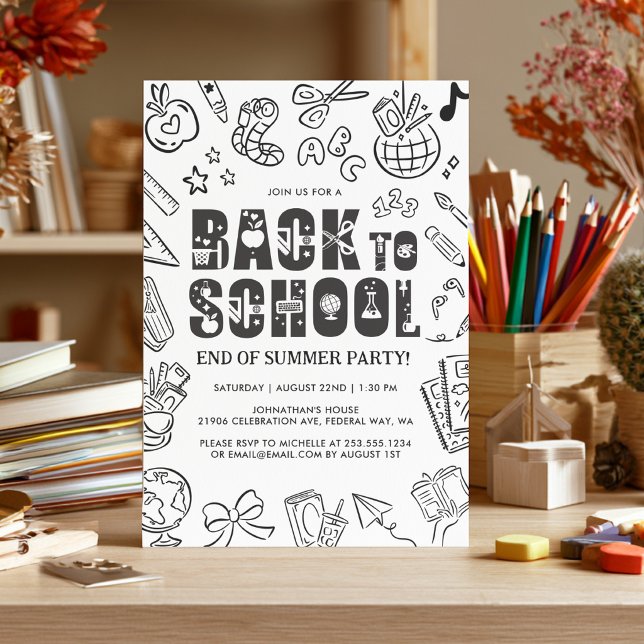 Invitation Fête de fin d'été retour à l'école dessinée à la m (Back To School Handdrawn End Of Summer Party Invitation)