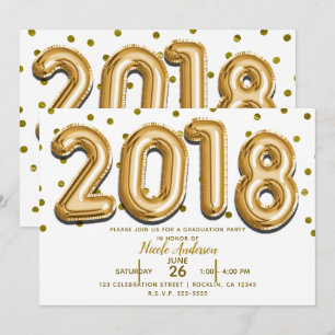 Invitation FÊTE DE FIN D'ÉTUDES 2018 Ballons en Confettis Dor