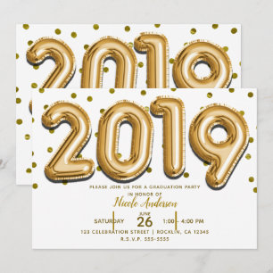 Invitation FÊTE DE FIN D'ÉTUDES 2019 Ballons en Confettis Dor