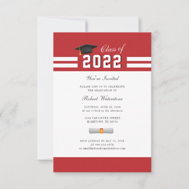 Invitation Fête de fin d'études 2024 Rouge Blanc Grad (Devant)