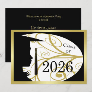 Invitation Fête de fin d'études 2026 Silhouette Noir et Or