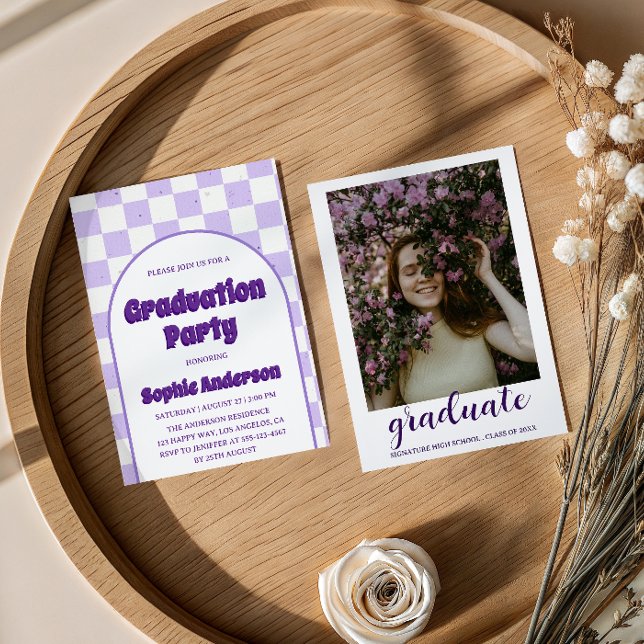 Invitation Fête de fin d'études à thème Violet Rétro Damier A (Créateur téléchargé)