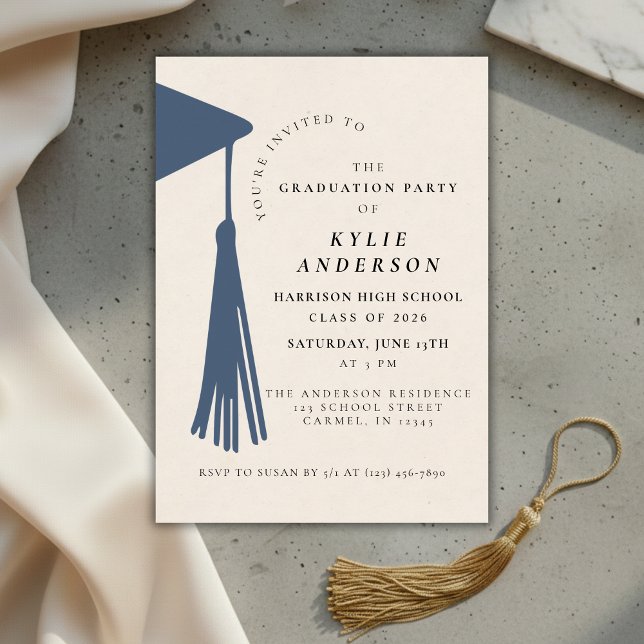 Invitation Fête de fin d'études au lycée avec un pompon bleu (Blue Tassel High School Graduation Party Invitation)