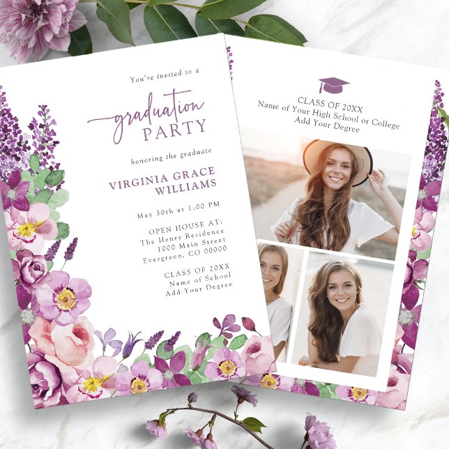 Invitation Fête de fin d'études aux fleurs violettes (Elegant Purple Floral Graduation Party Invitation Photo Collage by Painted Paperie
)