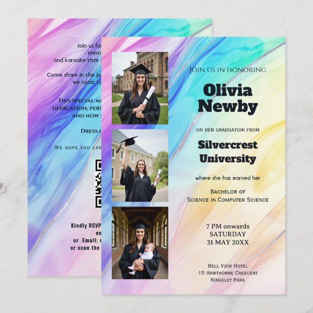Invitation 🎓Fête de fin d'études avec bille arc-en-ciel à co (Devant / Derrière)