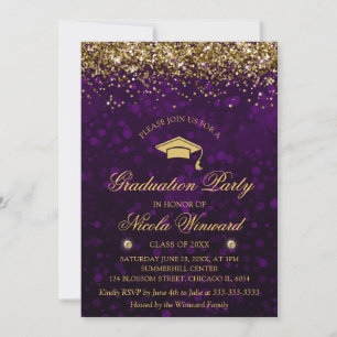 Invitation Fête de fin d'études avec Bokeh Violet et Paillett