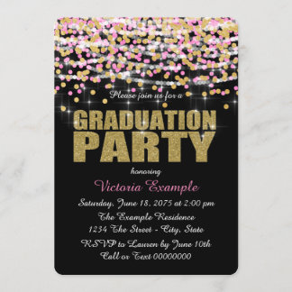 Invitation Fête de fin d'études avec confettis roses et or