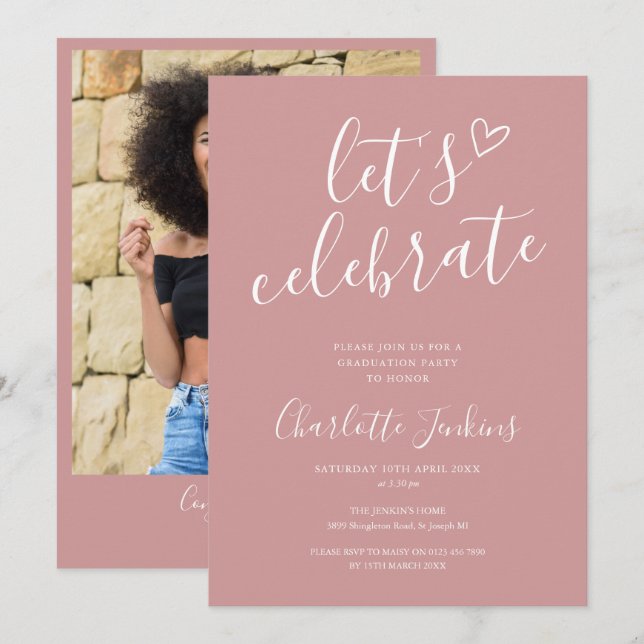 Invitation Fête de fin d'études avec écriture Celebrate en ro (Devant / Derrière)