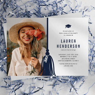 Invitation Fête de fin d'études avec photo au motif bleu mari