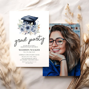 Invitation Fête de fin d'études avec photo de fleurs bleues é