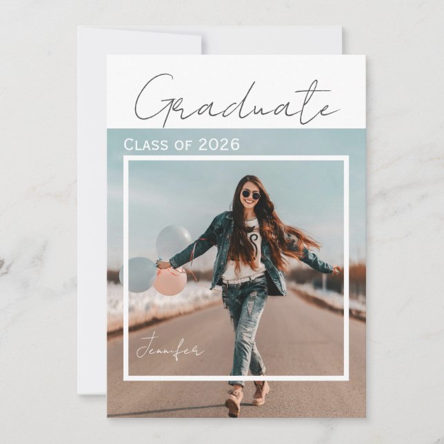 Invitation Fête de fin d'études avec photo de script minimali (Devant)