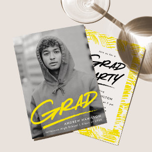 Invitation Fête de fin d'études avec photo décalée jaune