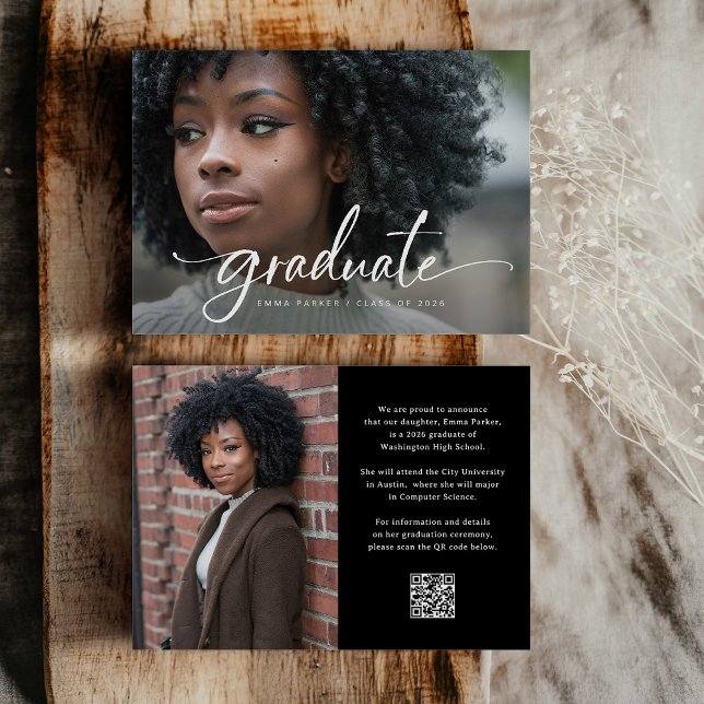 Invitation Fête de fin d'études avec QR code photo noir et éc (Créateur téléchargé)