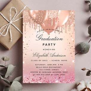 Invitation Fête de fin d'études ballons roses et or rose luxe
