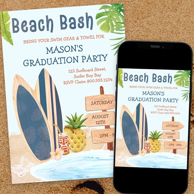 Invitation Fête de fin d'études Beach Bash Planche de surf (Créateur téléchargé)