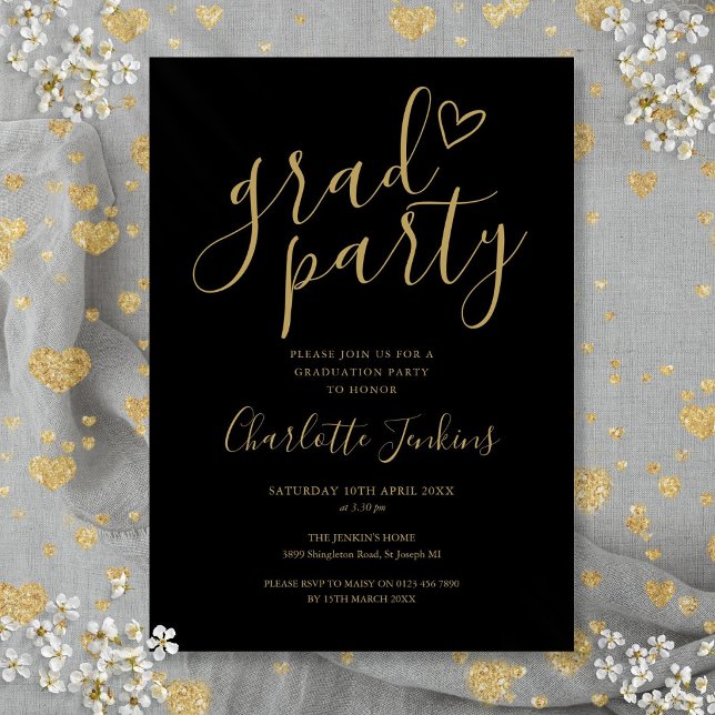 Invitation Fête de fin d'études Black Gold Grad Script Heart (Black Gold Grad Script Heart Graduation Party Invitation)