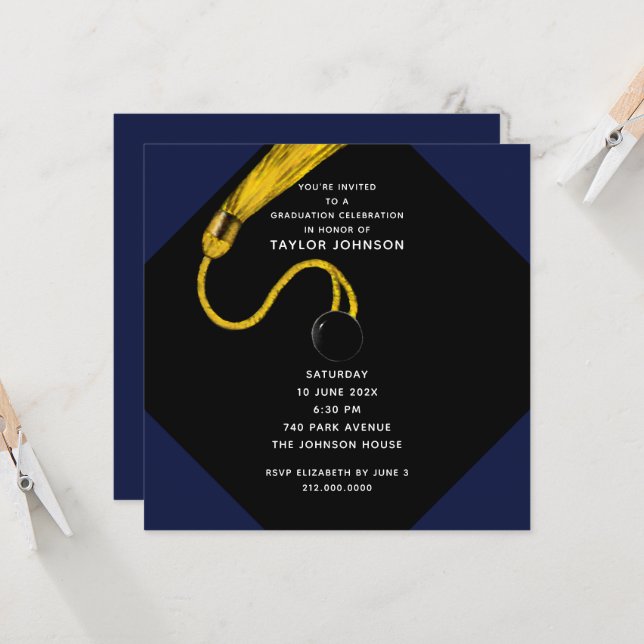 Invitation Fête de fin d'études Bleu marine (Devant/Arrière en situation)