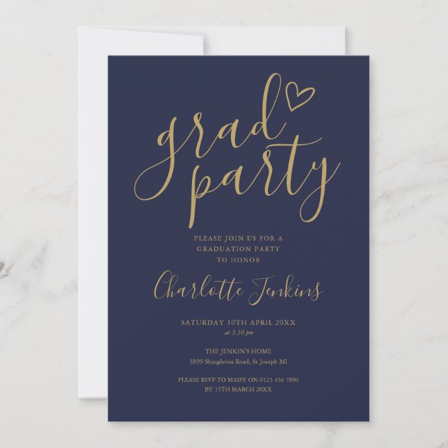 Invitation Fête de fin d'études Bleu Or Script Cœur Graduatio (Devant)