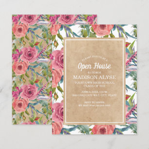 Invitation Fête de fin d'études Boho Floral Kraft Brun Rose