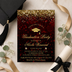 Invitation Fête de fin d'études Bokeh rouge et paillettes dor