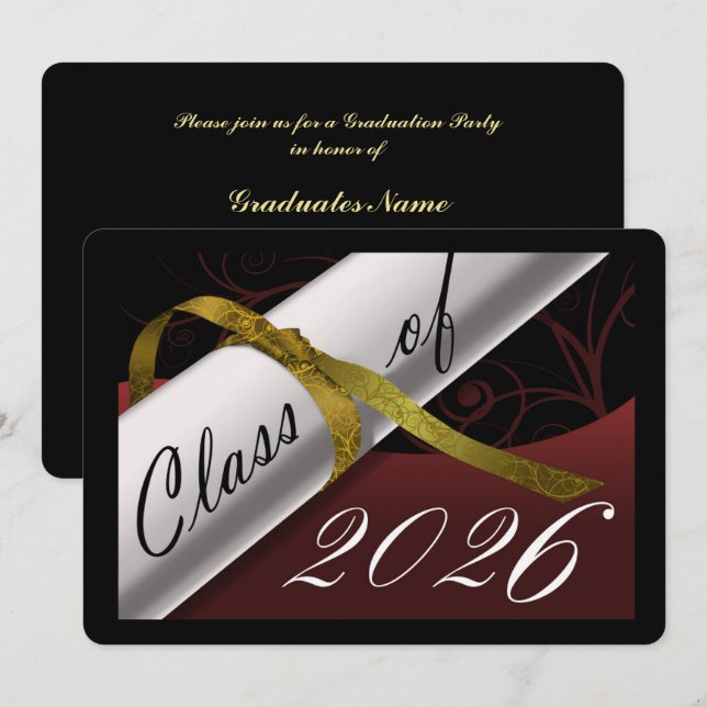 Invitation Fête de fin d'études bordeaux et or (Devant / Derrière)