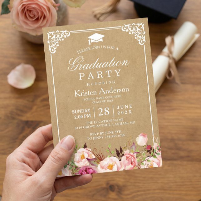 Invitation Fête de fin d'études | Cadre Kraft à motif floral  (Créateur téléchargé)