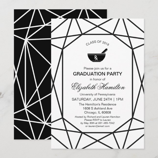 Invitation Fête de fin d'études chic noir et blanc de pharmac (Devant / Derrière)
