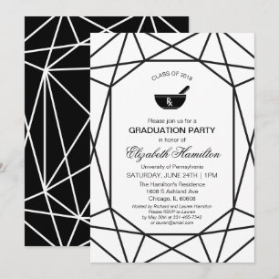 Invitation Fête de fin d'études chic noir et blanc de pharmac