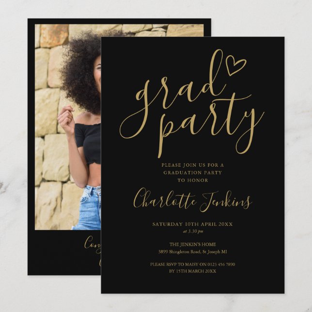 Invitation Fête de fin d'études chic or Script photo or Fête  (Devant / Derrière)