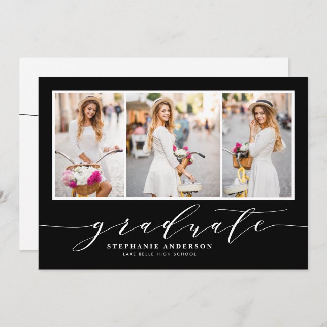 Invitation Fête de fin d'études Dainty Script Trois Photos No (Devant / Derrière)