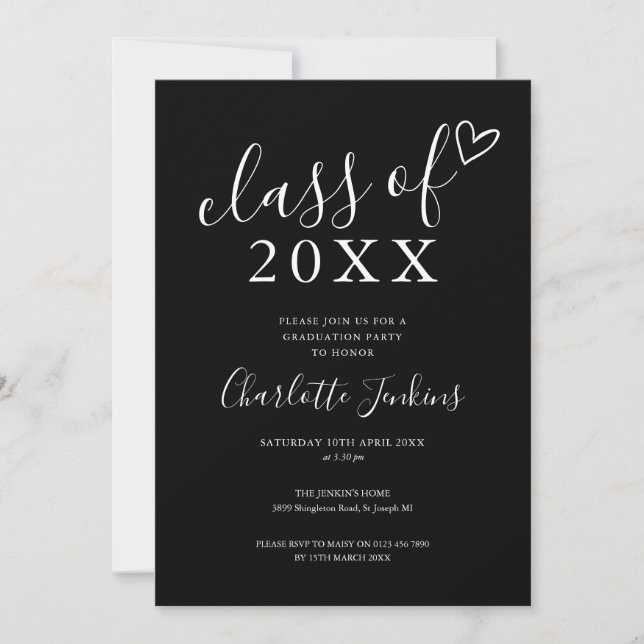 Invitation Fête de fin d'études de classe noire et blanche (Devant)