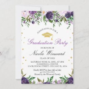 Invitation Fête de fin d'études de fille aux fleurs violettes
