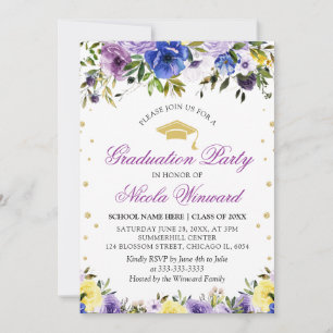 Invitation Fête de fin d'études de fille aux fleurs violettes