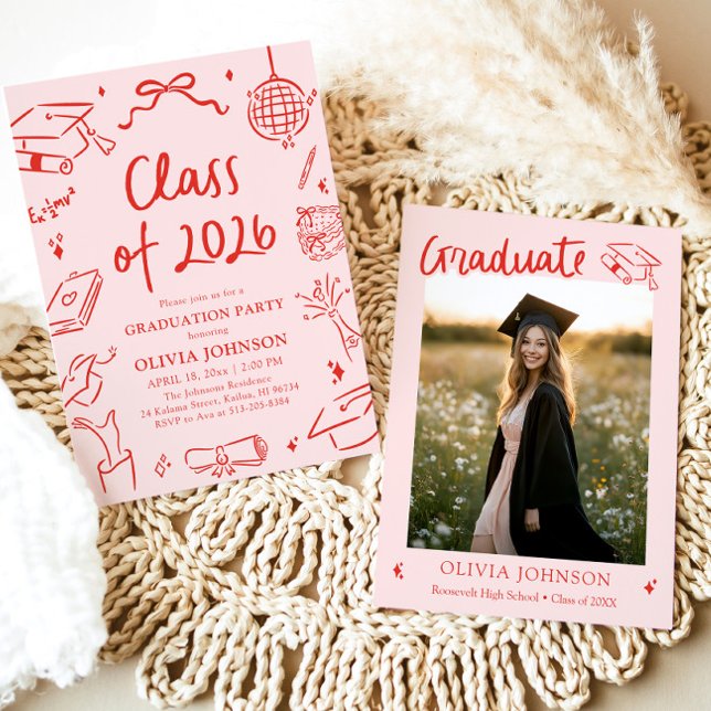 Invitation Fête de fin d'études de la promotion 2026 dessinée (Modern Hand Drawn Class of 2026 Graduation Party Invitation)