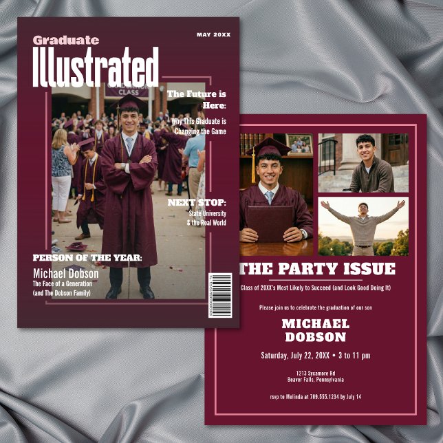 Invitation Fête de fin d'études de lycée Photo Marron Magazin (Magazine Four Photo Maroon Graduation Party Invitation)