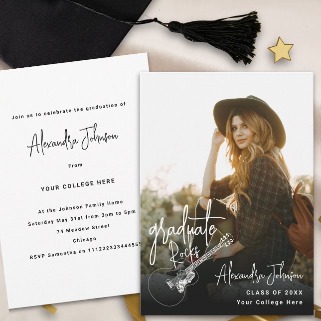 Invitation Fête de fin d'études de photo moderne (Modern trendy vertical photo Graduation announcement party invitation with cool country guitar )