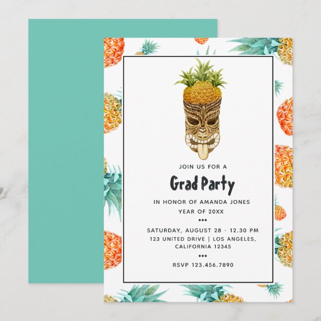 Invitation Fête de fin d'études de plage d'ananas d'été Tiki  (Devant / Derrière)