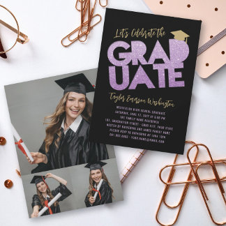 Invitation Fête de fin d'études Découpe de diplômé Paillettes