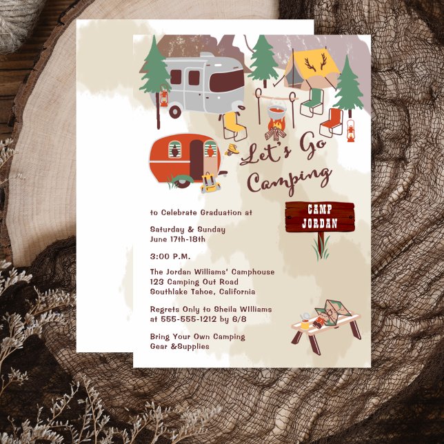 Invitation Fête de fin d'études dessinée à la main Allons cam (Handdrawn "Let's Go Camping"  Graduation Party Invitation -- Print and/or Digital Download)