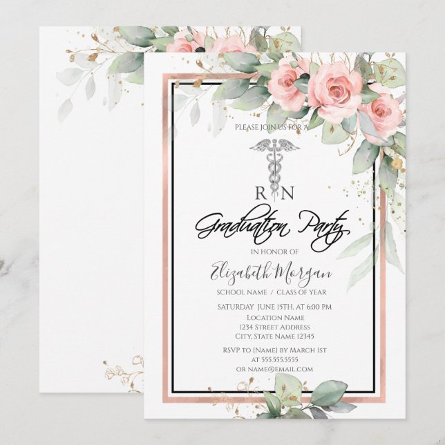 Invitation Fête de fin d'études d'infirmière Boho Roses (Devant / Derrière)