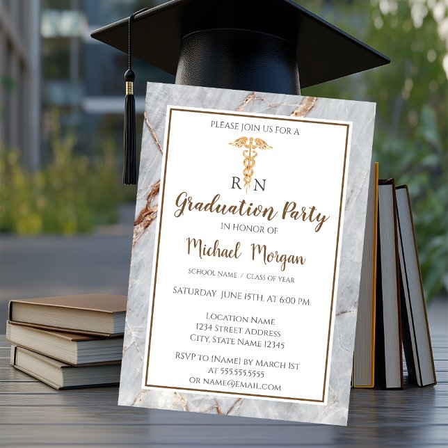 Invitation Fête de fin d'études d'infirmière Marbre Doré Élég (Créateur téléchargé)